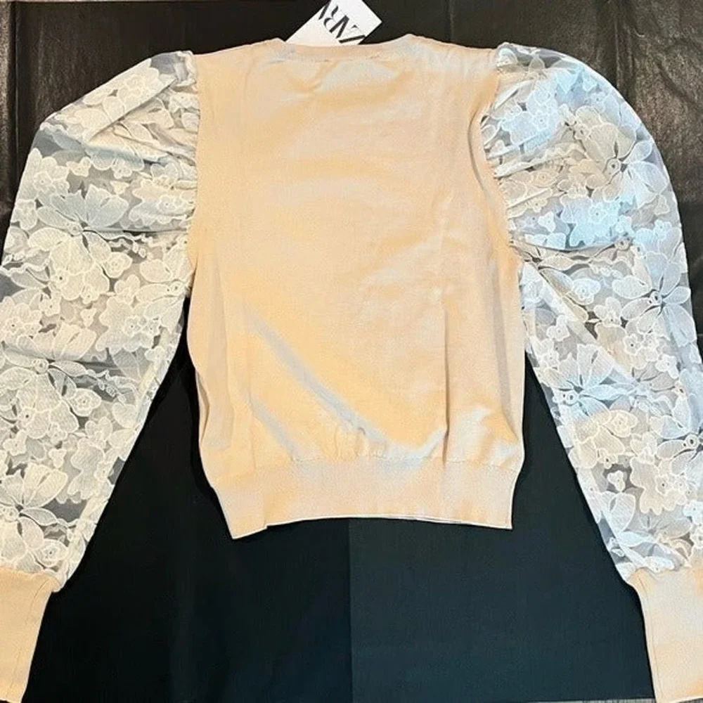ZARA Beige Knit Sweater Top NWT Floral Lace Puff Sleeve Romantic Blouse L